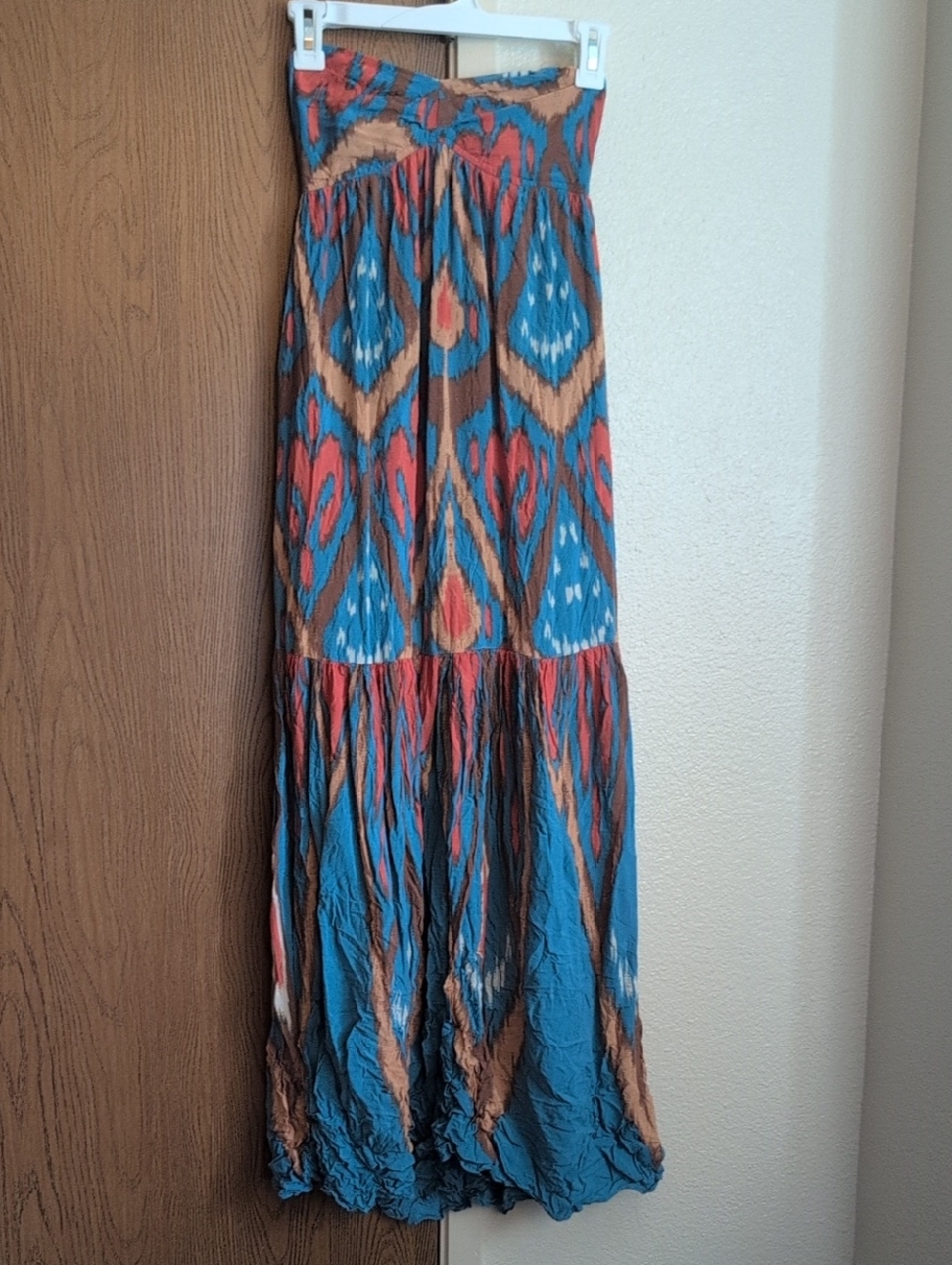 Free People Strapless Maxi Dress in Teal, Coral & Tan Ikat